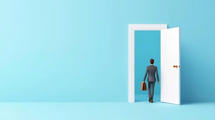 Fototapeta premium Job seekers rushing through an open door labeled Opportunities Ahead 3D illustration