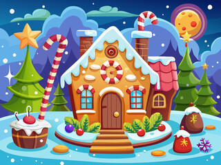 Vector Gingerbread houses christmas cartoon style. Happy Christmas illustration scene snowfall