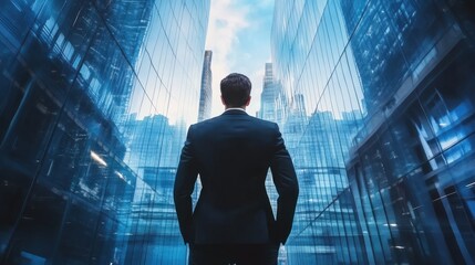 Fototapeta premium Back of businessman in suit with business office glass modern buildings background for financial freedom portfolio or company profit and strategy growth IPO poster