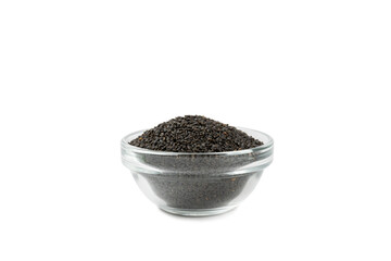 Basil seeds isolated on white background. Close-up. Superfood. Ocimum basilicum. Organic basil seeds.