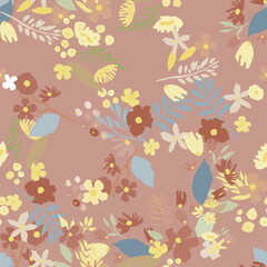 A seamless floral pattern featuring blooms and leaves on a coral pink background. Flower vector illustration