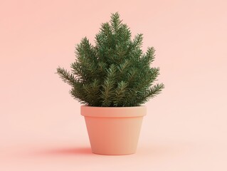 A vibrant green potted plant thrives in a light pink setting, adding a touch of nature to the minimalist decor