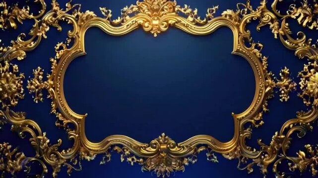 Baroque style, detailed gold ornamental work muted, deep blue velvet. Gentle light flares opulence of the frame, a sense of grandeur, 4k High-Quality Dark blue Luxury Background Video