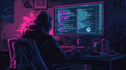 Obraz premium A hacker in the dark wearing a hoodie sitting at his computer with a big monitor