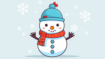 Fototapeta premium Cheerful snowman with hat and scarf waving against snowy background