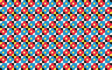 Seamless geometric pattern of abstract shapes and circles arranged like a colorful chessboard. Perfect for printing, design and textiles