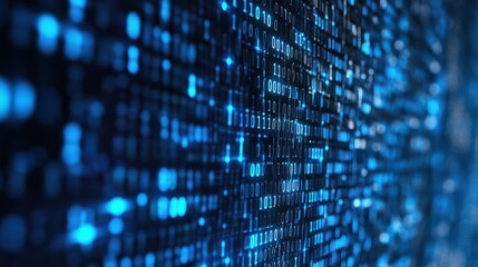 Blue digital binary data on computer screen background