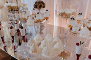 A table with a variety of desserts, including cupcakes and mousse cakes. The desserts are arranged on clear plates and are displayed in a way that makes them look appealing and inviting