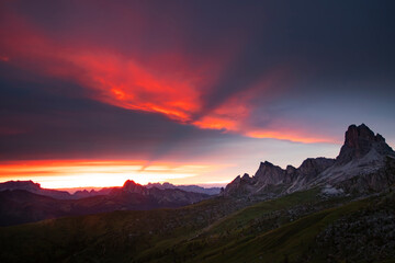 Fototapeta premium Colorful sunset in the Dolomite mountains at Passo Giau.