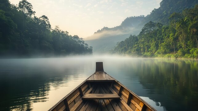 rustic wooden boat drifting on misty river at dawn surrounded by lush forest and mountains shrouded in morning fog