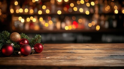 Naklejka premium rustic wooden table with christmas decorations in foreground blurred bar or restaurant interior with golden bokeh lights in background