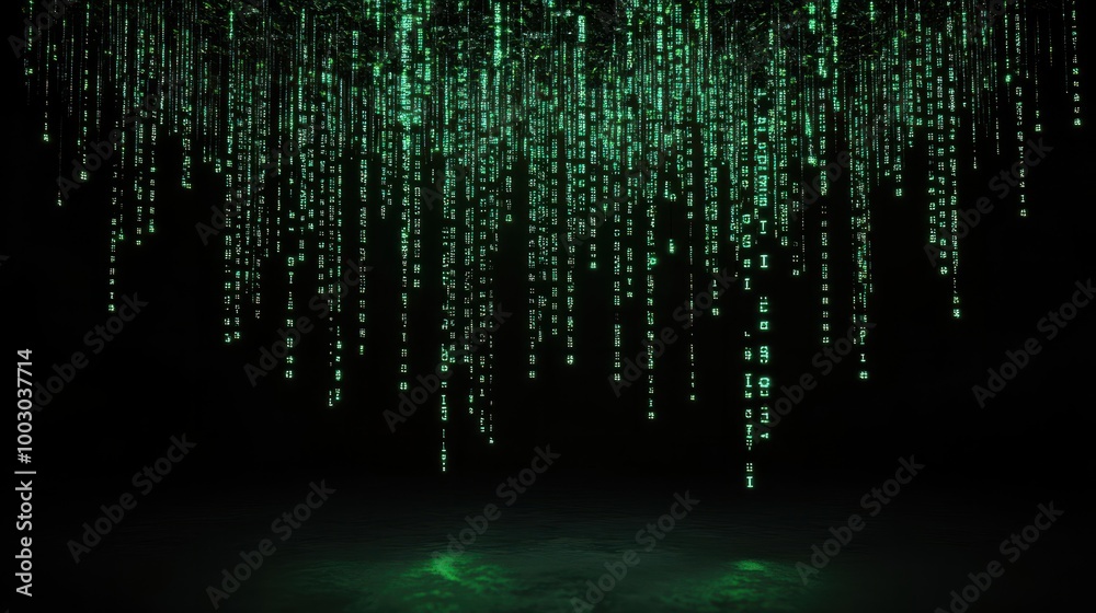 Poster crisp green binary code falling down on a black background generative ai