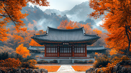 Obraz premium A stunning autumn scene featuring a traditional house surrounded by vibrant orange foliage and misty mountains in the background.