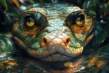 Naklejka premium Stylish snake relaxing in water with sunglasses and vibrant colors