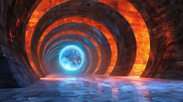 Modern tunnel ender a like glowing arches and a blue globe at its heart