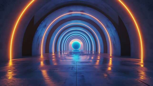 Modern tunnel ender a like glowing arches and a blue globe at its heart