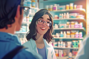 A friendly pharmacist assisting a customer in a vibrant pharmacy filled with colorful medication bottles.