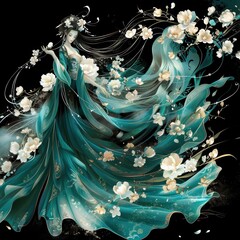 An ethereal depiction of a flowing gown adorned with flowers, merging elegance and nature against a dark backdrop.