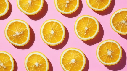 Obraz premium seamless pattern of sliced lemons on vibrant pink background playful contrast of citrus yellow against pastel backdrop