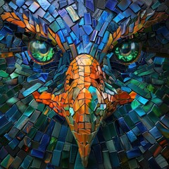A captivating 3D render of A vibrant, mosaic-style close-up of an eagle's face, showcasing intricate colors and textures, highlighting its sharp features and intense gaze.