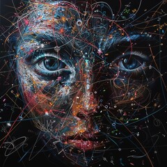 A vibrant portrait where cosmic elements intertwine with human features, suggesting a connection between humanity and the universe.