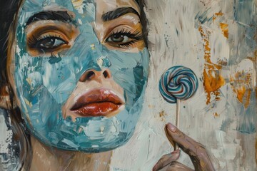 A woman with a blue facial mask holds a colorful lollipop, capturing a blend of beauty and playfulness in an artistic style.