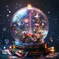 A beautifully crafted snow globe featuring colorful flowers and butterflies, surrounded by sparkling snowflakes and soft lights, evoking a whimsical, magical atmosphere.