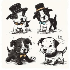 adorable puppies in different poses and expressions. The black line art style is clean and crisp