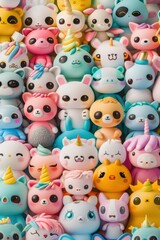 A vibrant collection of cute, colorful squishy toys featuring various animal designs and whimsical elements like unicorn horns.