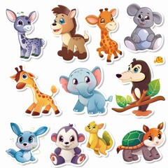 Obraz premium A colorful collection of cute, cartoon-style animal stickers featuring various species like elephants, giraffes, and koalas, perfect for children's decor or educational materials.