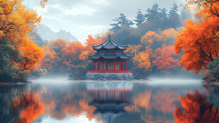 Obraz premium Stunning tranquil scene of a traditional pagoda surrounded by vibrant autumn foliage and calm water reflections.