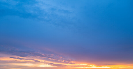 Panoramic sunrise or sunset sky with clouds. Sunset Sky on Twilight in the Evening with Sunset. Cloud Nature Sky Backgrounds. Sky Sunrise, Dusk clouds.