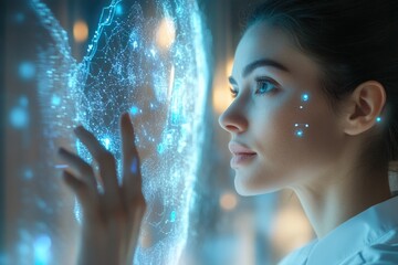 Future of Healthcare: Medical Professional Engaging with Advanced AI Technology for Diagnostics and Patient Care Visualization