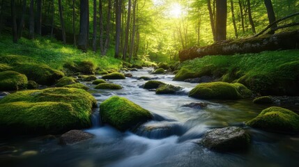 serene forest stream mosscovered rocks dappled sunlight through lush canopy long exposure water effect tranquil nature scene woodland exploration