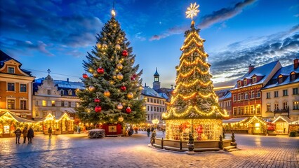 A festive Christmas tree stands tall in the center of a beautifully lit European city square, surrounded by historic buildings at dusk. Perfect for holiday, travel, and urban photography themes.