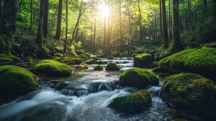 Obraz premium serene forest stream mosscovered rocks dappled sunlight through lush canopy long exposure water effect tranquil nature scene woodland exploration