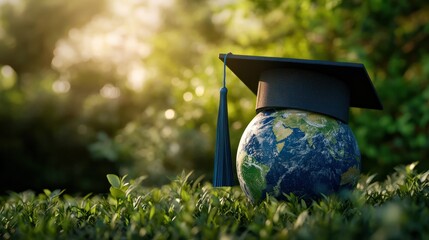 Graduation cap with earth globe, concept of global business study, Generative AI