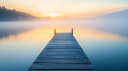 Obraz premium serene lakeside sunrise scene wooden pier stretching into misty waters warm golden light reflecting on calm surface peaceful atmosphere with subtle pastel sky mindfulness and relaxation theme