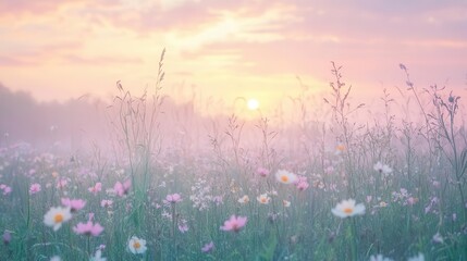 Naklejka premium serene meadow at dawn with delicate wildflowers and tall grass swaying in the breeze enveloped by a soft misty atmosphere and pastel sky