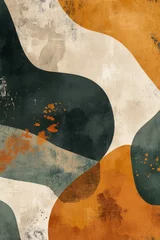 Fotobehang Abstract painting featuring warm earth tones with green accents in a textured composition © olegganko