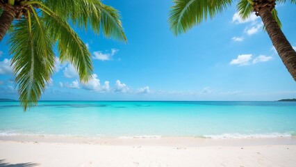 Tropical beach paradise with palm trees, clear turquoise water, and bright blue sky