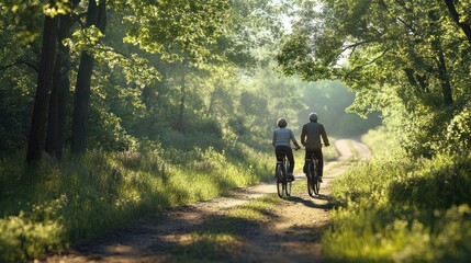 Obraz premium Happy older couple explores nature by bike. generative ai
