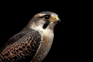 Fototapeta premium A close up view of a peregrine falcon showcasing its striking features against a dark background