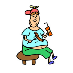 A cheerful cartoon illustration of a boy wearing a cap, enjoying a sausage and soda, representing casual outdoor eating and carefree fun