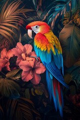 Fototapeta premium Vibrant macaw perched on blooming flowers in a lush tropical setting under soft lighting
