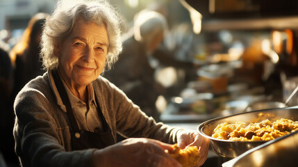 Generous elderly woman volunteering in a community kitchen, smiling while serving food
