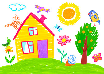Felt pen hand drawn vector illustrations collection of child drawing of countryside landscape with house, tree and animals