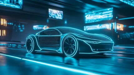Futuristic sports car with blue neon lights on a dark futuristic background.
