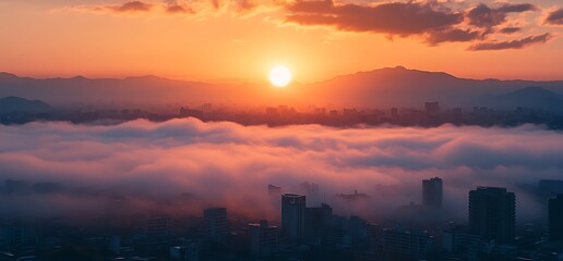 Naklejka premium Sunrise over a city with a sea of clouds.