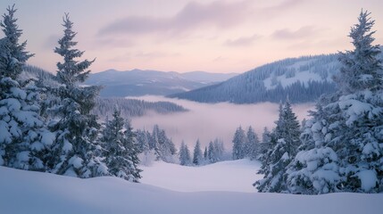 Obraz premium serene winter mountain landscape at dawn snowladen evergreens frame a misty valley pastel sky reflects on untouched snow crisp details in foreground fade to atmospheric distance